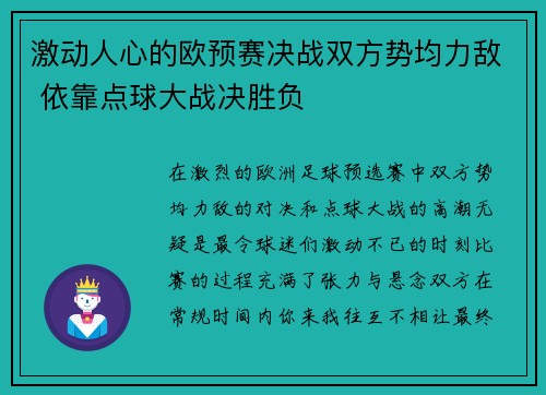 激动人心的欧预赛决战双方势均力敌 依靠点球大战决胜负